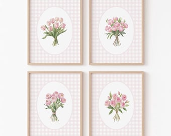 Conjunto de estampados de flores rosas, arte para habitación de niña, estampado floral en acuarela rosa suave, decoración botánica para el hogar, arte floral sencillo para habitación de niña.