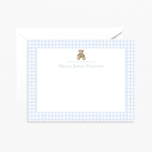 From The Nursery of Card, Personalized Vintage Teddy Bear Nursery Stationery, Custom Blue Gingham Stationery, Boy Baby Shower Thank You Card