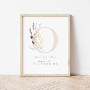 Baby Birth Details Print, Birth Announcement, Newborn Birth Stats Print, Printable Birth Stats Poster, Custom Initial Poster Wildflower