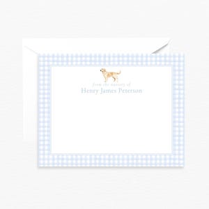 Carte de vœux pour chambre d'enfant, décoration de chambre d'enfant personnalisée Golden Retriever, papeterie personnalisée Vichy bleu, cadeau de naissance pour garçon et chien