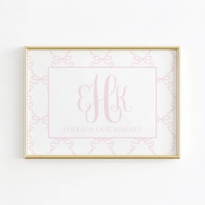 Monogram Nursery Wall Art, Grandmillennial Nursery, Pink Bow Print, Girl Initial Nursery Print, Baby Name Nursery Wall Decor, Pink Girl Room
