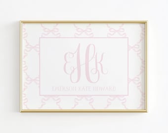 Monogram Nursery Wall Art, Grandmillennial Nursery, Pink Bow Print, Girl Initial Nursery Print, Baby Name Nursery Wall Decor, Pink Girl Room
