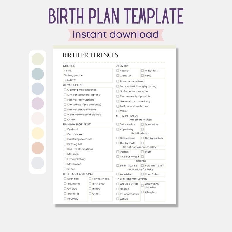 Birth Plan Template, Editable Birth Preferences, Printable Birth Plan ...
