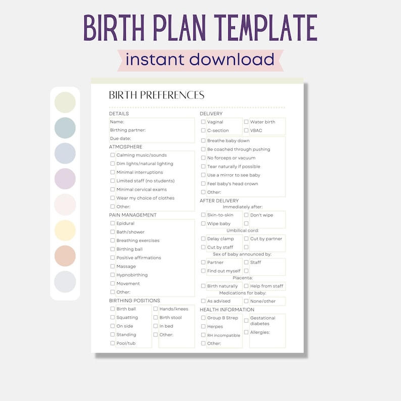 Birth Plan Template, Editable Birth Preferences, Printable Birth Plan ...