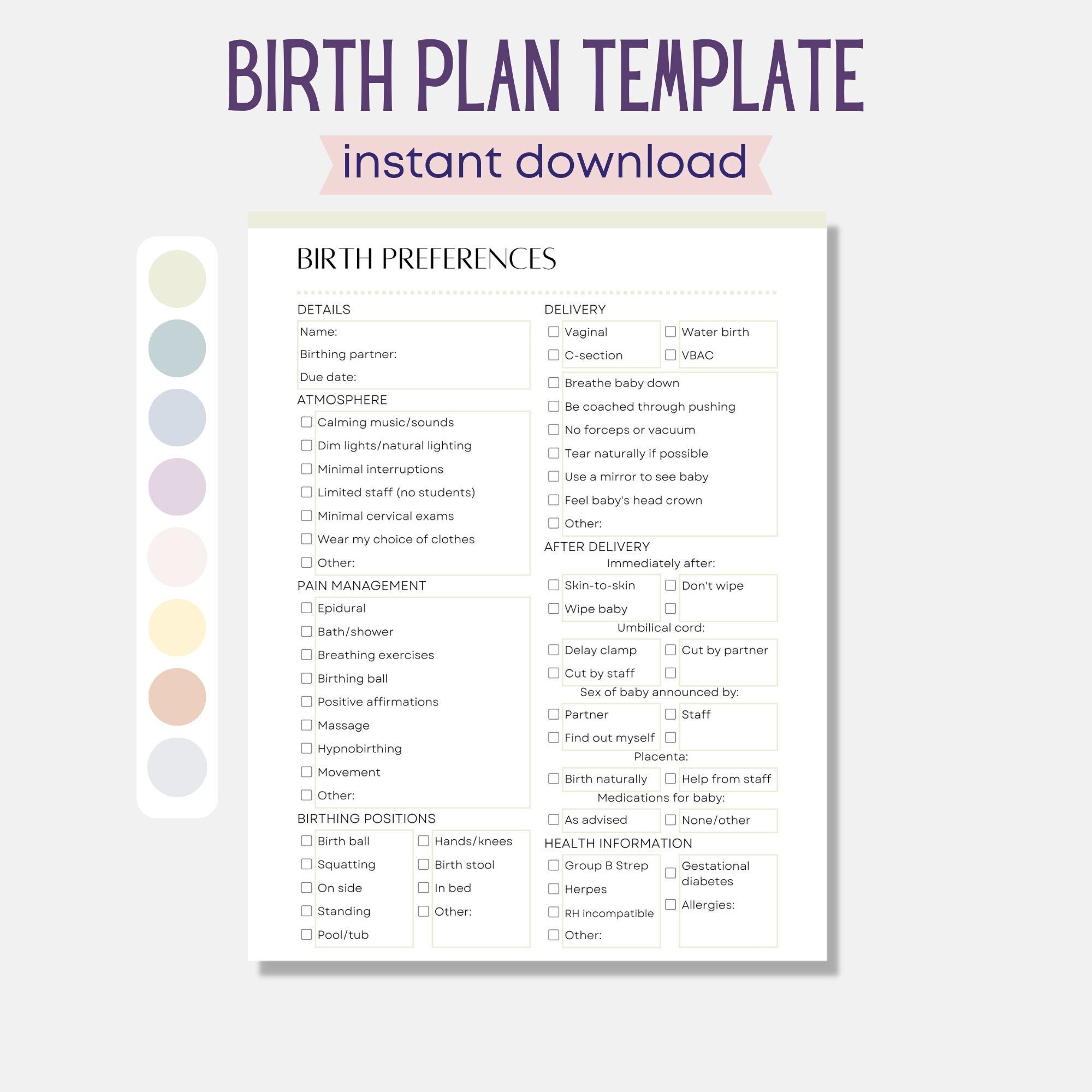 Birth Plan Template, Editable Birth Preferences, Printable Birth Plan ...