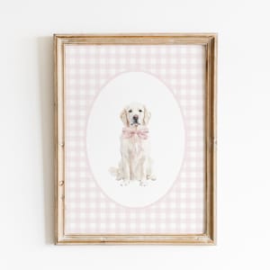 English Cream Golden Retriever Nursery Decor, Watercolor Dog Theme Nursery Print, Baby Girl Nursery Wall Art, Pink Bow Gingham Wall Print
