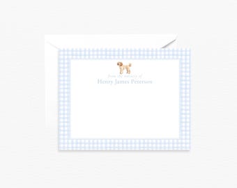 From The Nursery of Card, Personalized Golden Doodle Nursery Stationery, Custom Blue Gingham Stationery, Boy Dog Baby Shower Thank You