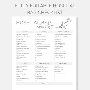 May include: A printable checklist for packing a hospital bag for a new mom, dad, and baby. The checklist is divided into three sections: Mom, Baby, and Miscellaneous. The checklist includes items such as nursing bras, pajamas, a robe, a light jacket, socks, slippers, sandals, a pillow, a blanket, a going home outfit, postpartum underwear, nipple cream, a nipple shield, a nursing pillow, a water bottle, glasses, contacts, snacks, a swaddle, a going home outfit, sleepers, a receiving blanket, socks, mittens, hats, a name announcement sign, a birth announcement outfit, a white noise machine, a car seat, a pacifier, a baby book, a diaper bag, a long charger, a toothbrush, toothpaste, shampoo, conditioner, body wash, deodorant, skincare essentials, makeup, makeup wipes, lip balm, lotion, a hair brush, hair ties, medications, vitamins, hand sanitizer, towels, comfortable outfits, pajamas, socks, underwear, a sweatshirt, glasses, contacts, a pillow, a blanket, cash, snacks, a water bottle, toiletries, a handheld fan, essential oils, a diffuser, a Bluetooth speaker, a playlist, headphones, a birth gown, affirmation cards, a birth comb, massage lotion, a wallet, a driver's license, an insurance card, a birth plan, and hospital paperwork.