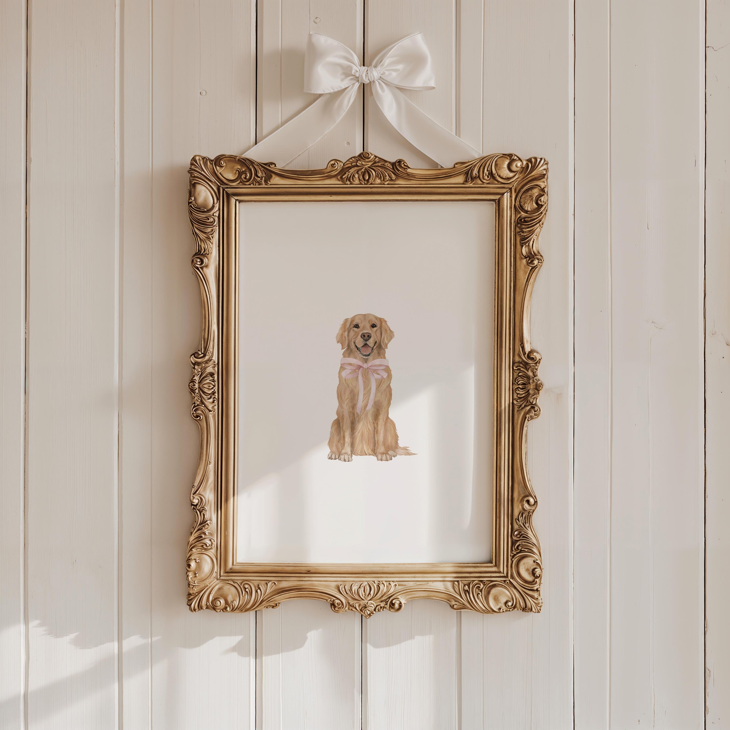 Golden Retriever Nursery Print, Custom Watercolor Dog Nursery Art, Baby Girl Nursery, Pink Bow Puppy Nursery Decor, Coquette Pink Bow Art