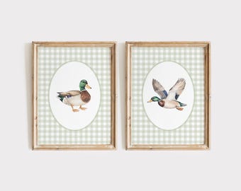 Mallard Duck Nursery Wall Art Set, Baby Boy Nursery Print, Vintage Style Boy Room Art, Sage Green Nursery, Watercolor Duck Nursery Decor