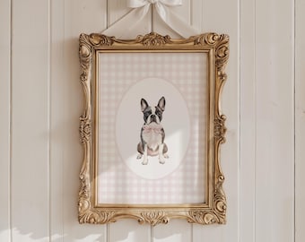 Boston Terrier Nursery Decor, Watercolor Dog Nursery Print, Baby Girl Nursery, Pink Gingham Wall Print, Coquette Pink Bow, Puppy Nursery Art