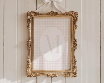Custom Initial Print, Ribbon Bow Girls Room Decor, Personalized Girls Initial Wall Decor, Baby Girl Nursery Decor, Gingham Nursery Print