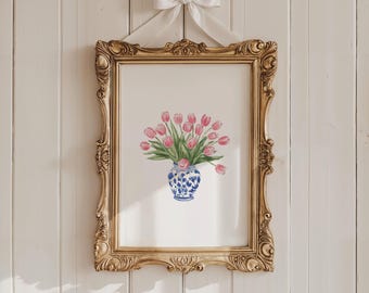 Pink Tulips Wall Art, Blue and White Ginger Jar Print, Baby Girl Nursery, Soft Pink Floral Watercolor Nursery Print, Botanical Home Decor