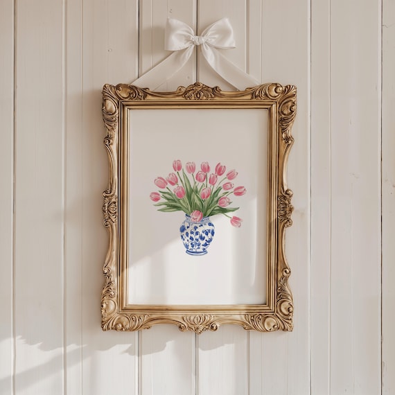 Pink Tulips Wall Art, Blue and White Ginger Jar Print, Baby Girl Nursery, Soft Pink Floral Watercolor Nursery Print, Botanical Home Decor