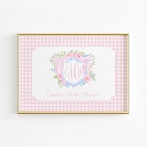 Monogram Crest Nursery Wall Art, Grandmillennial Nursery, Pink Bow Wall Art, Gingham Girl Nursery Prints, Baby Name Above Crib Wall Decor