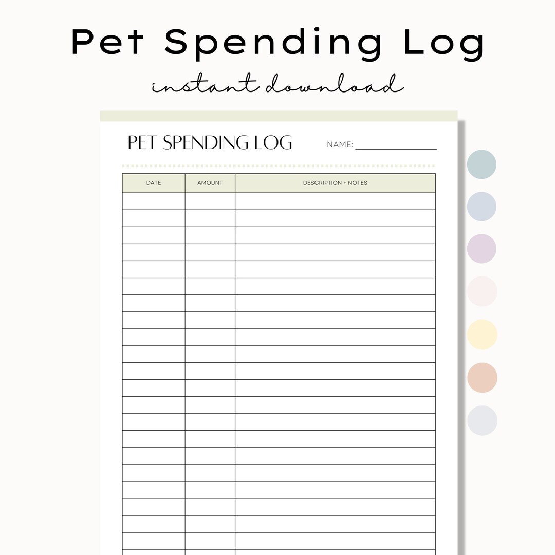 Printable Pet Spending Log, Dog Finance, Cat Finance, Puppy Cost