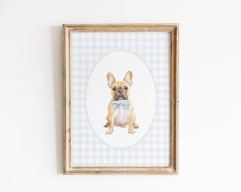 Crème Franse Bulldog kinderkamer decor, aquarel hondenkwekerij print, baby boy kinderkamer, blauwe pastel muur print, klassieke blauwe strik, hond kunst aan de muur