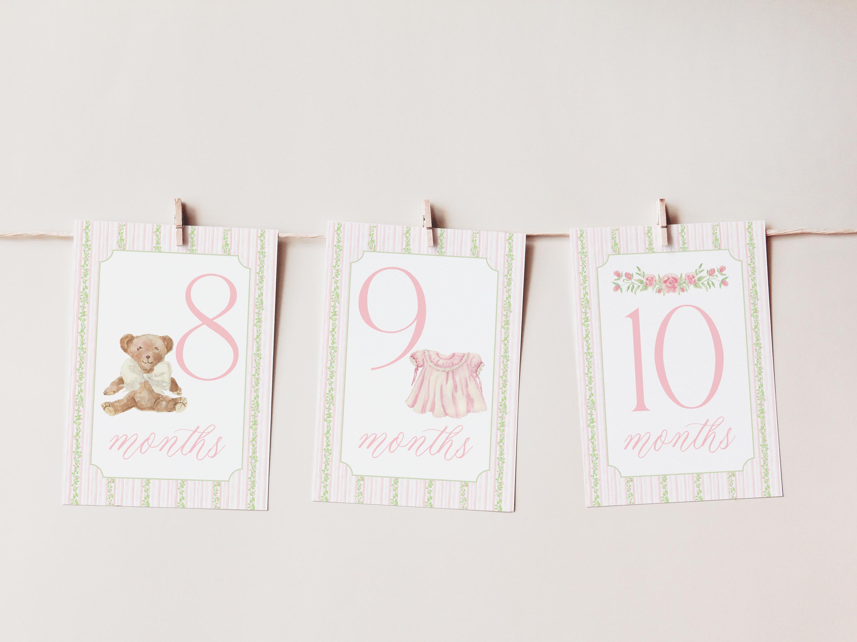 Baby Girl Milestone Cards, Watercolor Pink Green Floral Milestone Cards ...