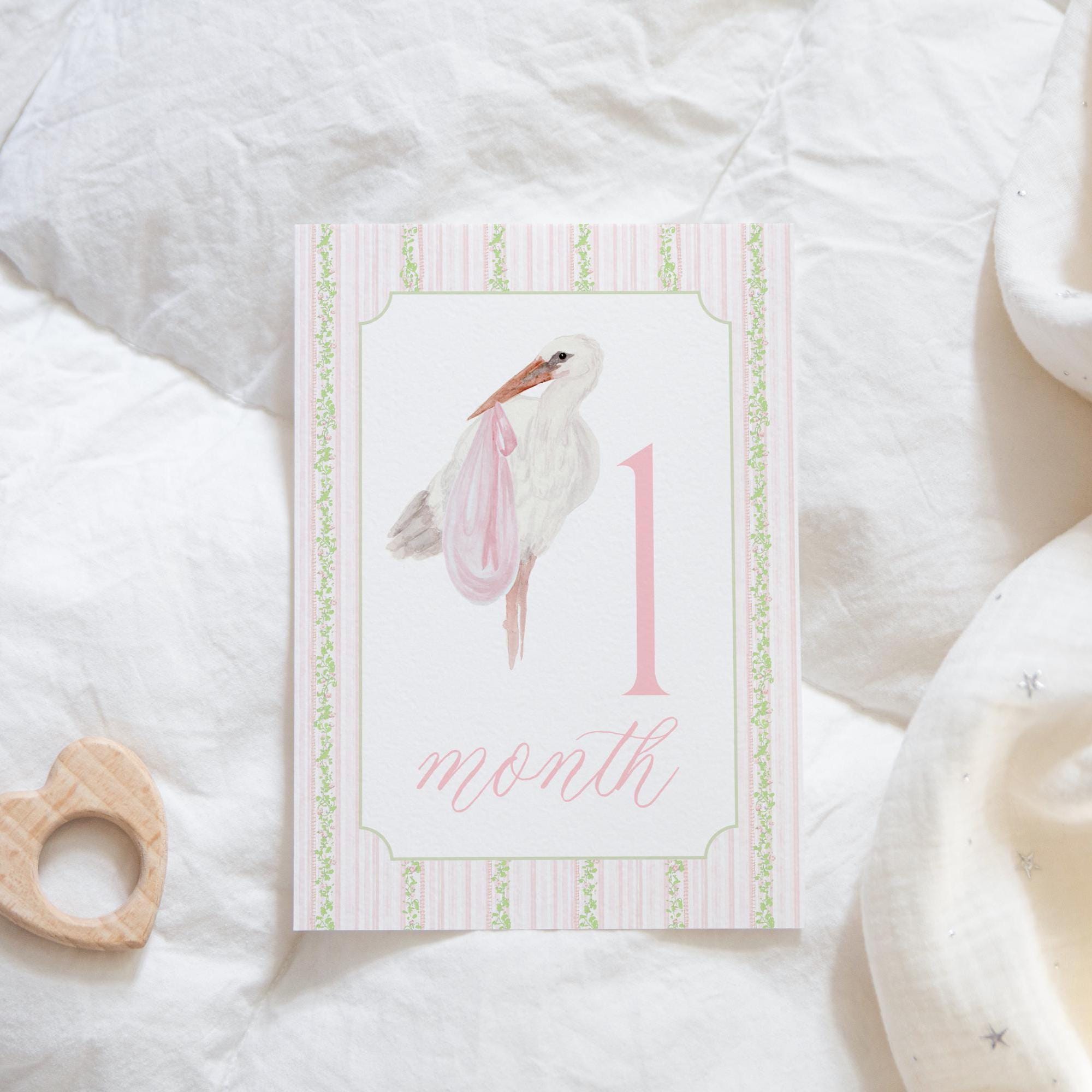 Baby Girl Milestone Cards, Watercolor Pink Green Floral Milestone Cards ...