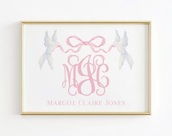 Monogram Nursery Wall Art, Grandmillennial Nursery, Blush Pink Bow Girl Nursery Print, Bow Baby Name Above Crib Wall Decor, Girl Room Decor
