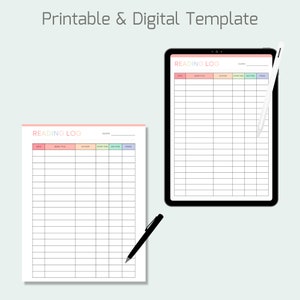 May include: Printable and digital reading log template with a rainbow color scheme. The template has columns for date, book title, author, start time, end time, and pages read.