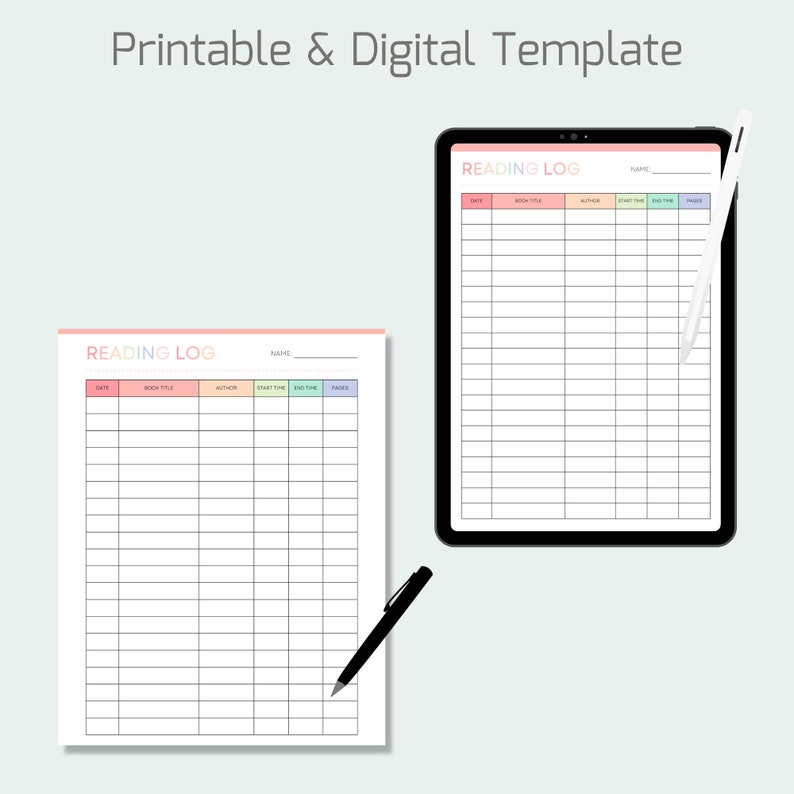 May include: Printable and digital reading log template with a rainbow color scheme. The template has columns for date, book title, author, start time, end time, and pages read.
