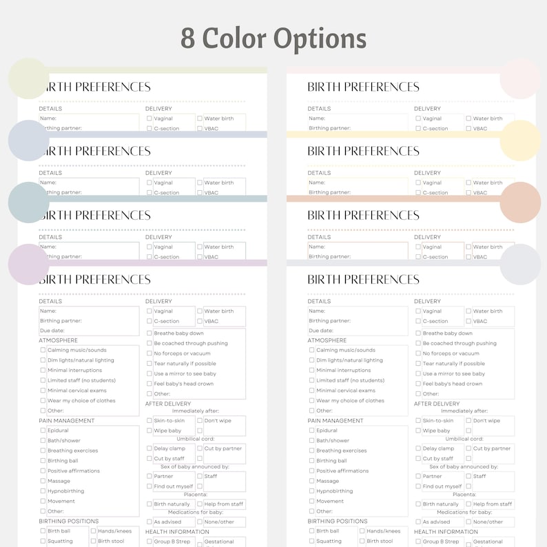 Peut inclure: Liste de pr&eacute;f&eacute;rences de naissance imprimable avec huit options de couleurs diff&eacute;rentes. La liste comprend des sections pour les d&eacute;tails, l'accouchement, l'atmosph&egrave;re, la gestion de la douleur, les positions d'accouchement et l'apr&egrave;s-accouchement.
