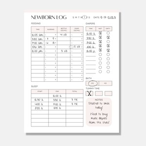 May include: A black and white printable newborn log with sections for feeding, diapers, sleep, bath, and tummy time. The log includes spaces to record the time, amount of milk, and notes. The date is 9/7/2023.
