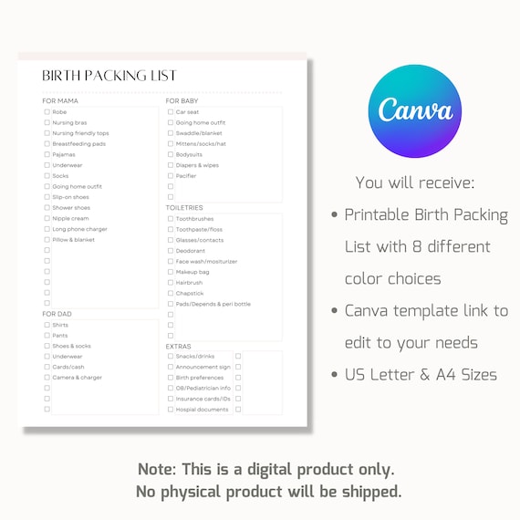 Hospital Bag Checklist Digital Download Editable Template on Canva Birth  Packing List Printable Hospital Bag List Minimalist Birth Plan (Download  Now) 