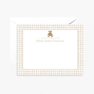 From The Nursery of Card, Personalized Vintage Teddy Bear Nursery Stationery, Custom Gingham Note Card, Gender Neutral Baby Shower Thank You