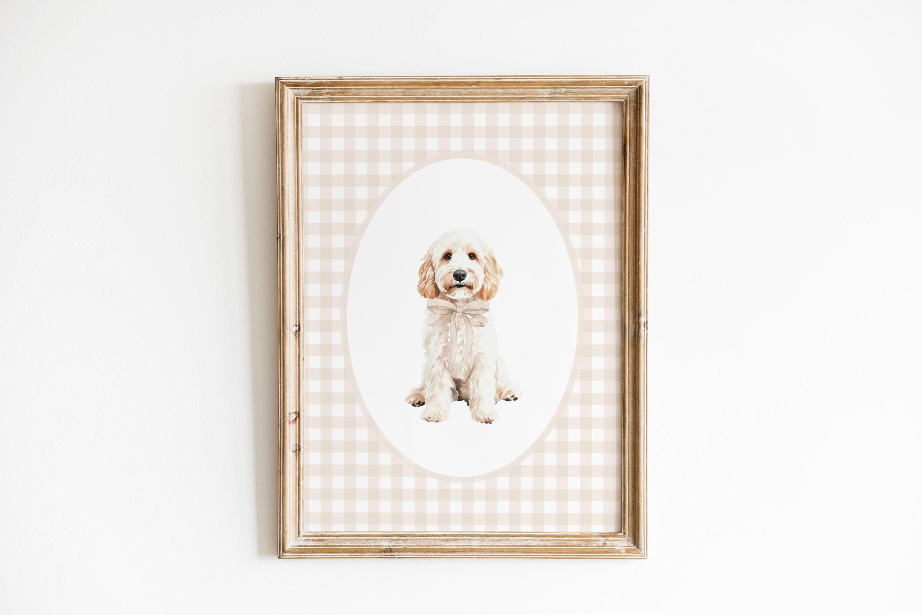 Blonde Golden Doodle Nursery Decor, Watercolor Dog Print, Neutral Nursery, Boy Gingham Wall Print, Tan Beige Bow Art, Girl Doodle Nursery