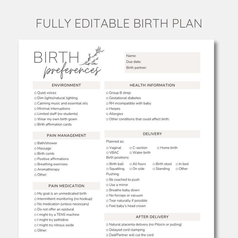 May include: A printable birth plan checklist with sections for environment, pain management, pain medication, delivery, and after delivery. The checklist includes options for quiet voices, dim lights, natural lighting, calming music, minimal interruptions, limited staff, wearing a birth gown, birth affirmation cards, bath/shower, massage, birth comb, positive affirmations, breathing exercises, aromatherapy, unmedicated birth, intermittent monitoring, no medication, TENS machine, pethidine, nitrous oxide, vaginal birth, VBAC, water birth, birth ball, all fours, squatting, on side, birth stool, in bed, standing, other, natural placenta delivery, delayed cord clamping, and dad/partner cutting the cord.