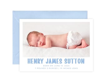 Printed Boy Birth Announcement Cards, Simple Light Blue Newborn Announcement, Minimalist Double Sided Photo Baby Birth Announcement Card