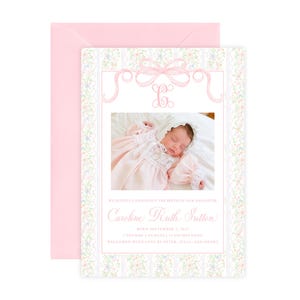Baby Girl Birth Announcement, Pink Bow Watercolor Floral Monogram Newborn Announcement, Double Sided Photo Baby Birth Announcement Card