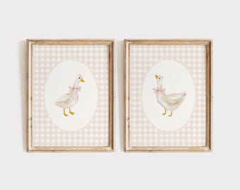 Goose Nursery Print Set, Vintage Goose Nursery Art, Baby Girl Nursery, Duck Gingham Nursery Decor Neutral, Coquette Goose Pink Bow Wall Art