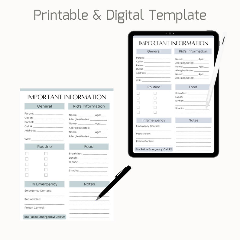 Printable Babysitter Info Sheet, Babysitter Contact Info, New ...