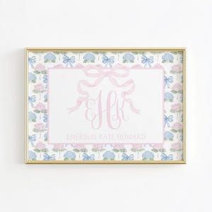 Monogram Nursery Wall Art, Hydrangea Nursery Print, Grandmillennial Nursery, Pink Bow Print, Girl Nursery Prints, Baby Name Above Crib Decor