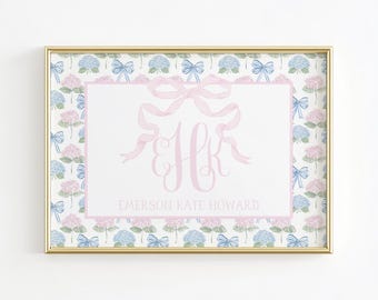 Monogram Nursery Wall Art, Hydrangea Nursery Print, Grandmillennial Nursery, Pink Bow Print, Girl Nursery Prints, Baby Name Above Crib Decor
