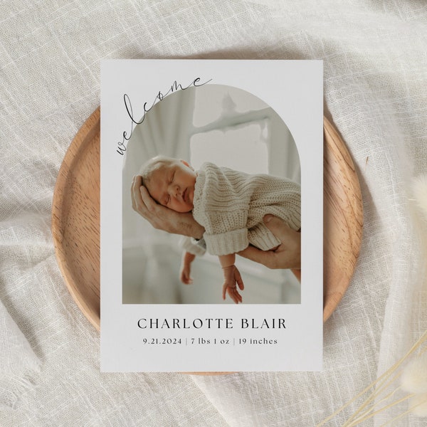Plantilla de anuncio de nacimiento, tarjeta de anuncio de bebé con foto de doble cara, tarjeta de anuncio de recién nacido editable, tarjeta de agradecimiento para baby shower
