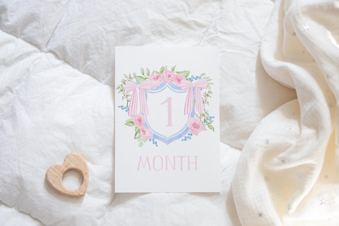 Baby Girl Milestone Cards, Watercolor Pink Floral Crest Milestone Cards ...