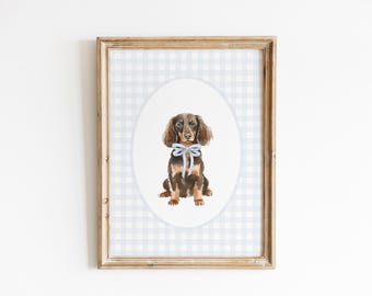 Långhårig brun och brun tax barnrumsdekor, akvarell wienerhund barnrumstavla, barnrumskonst för pojkar, väggtavla med blå rosett och ginghammönster