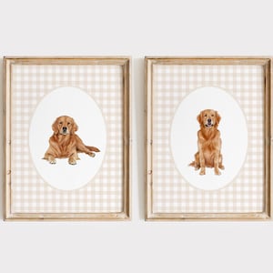 Red Golden Retriever Nursery Print Set, Watercolor Dog Print, Neutral Nursery, Boy Gingham Wall Print, Beige Bow Art, Neutral Girl Nursery