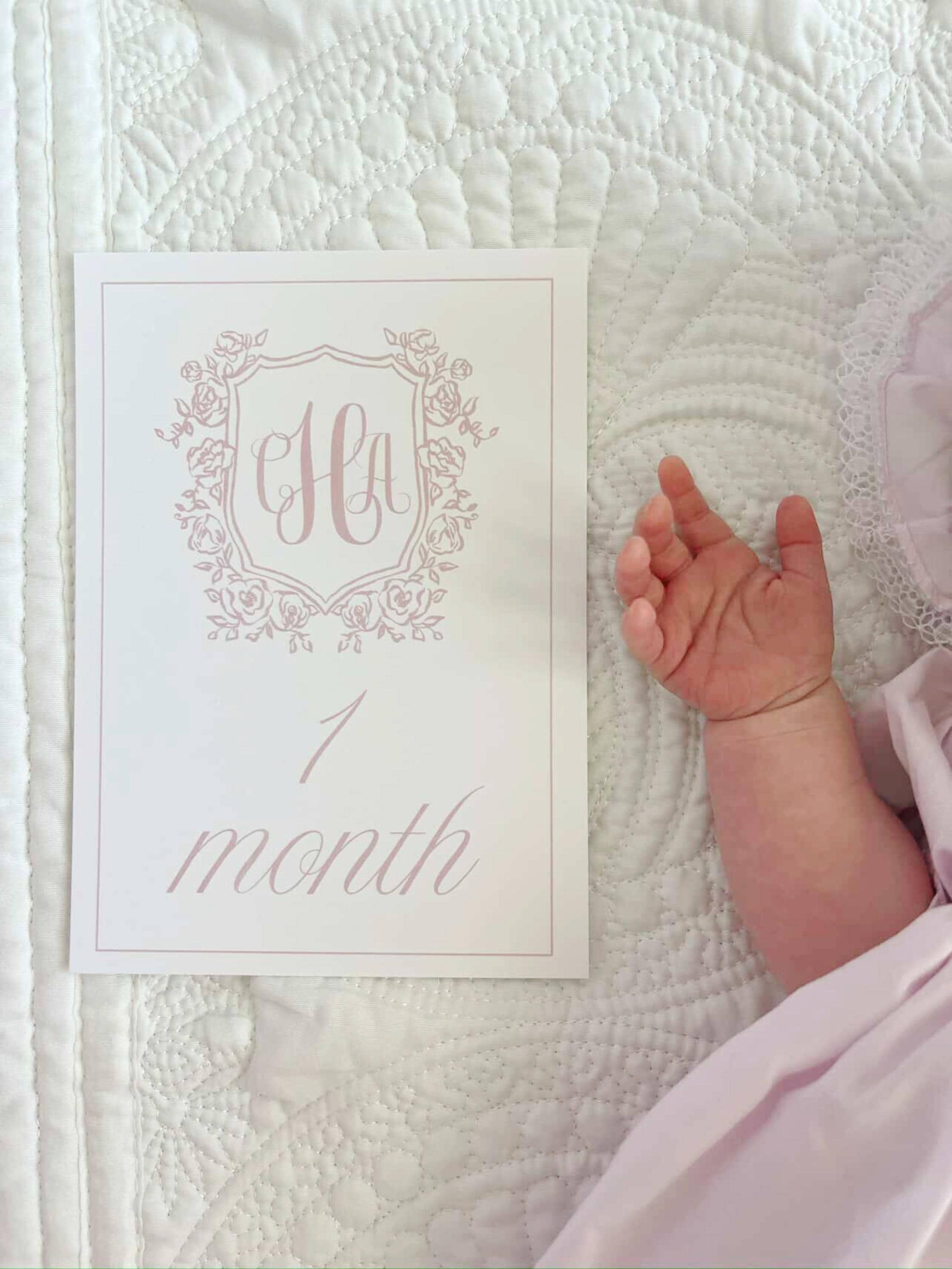 Monogram Crest Baby Milestone Cards, Blush Pink Floral Crest Milestone ...