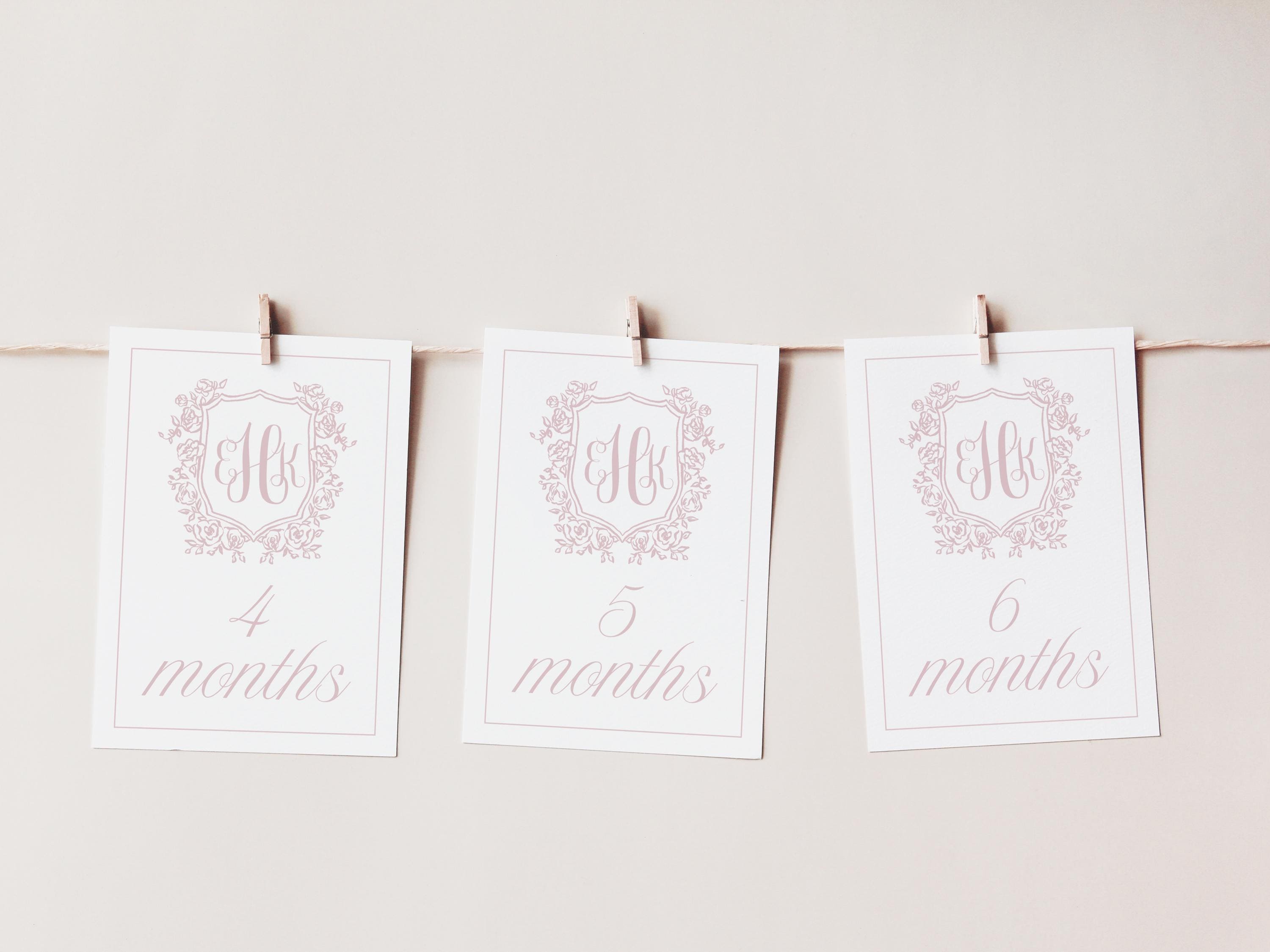 Monogram Crest Baby Milestone Cards, Blush Pink Floral Crest Milestone ...