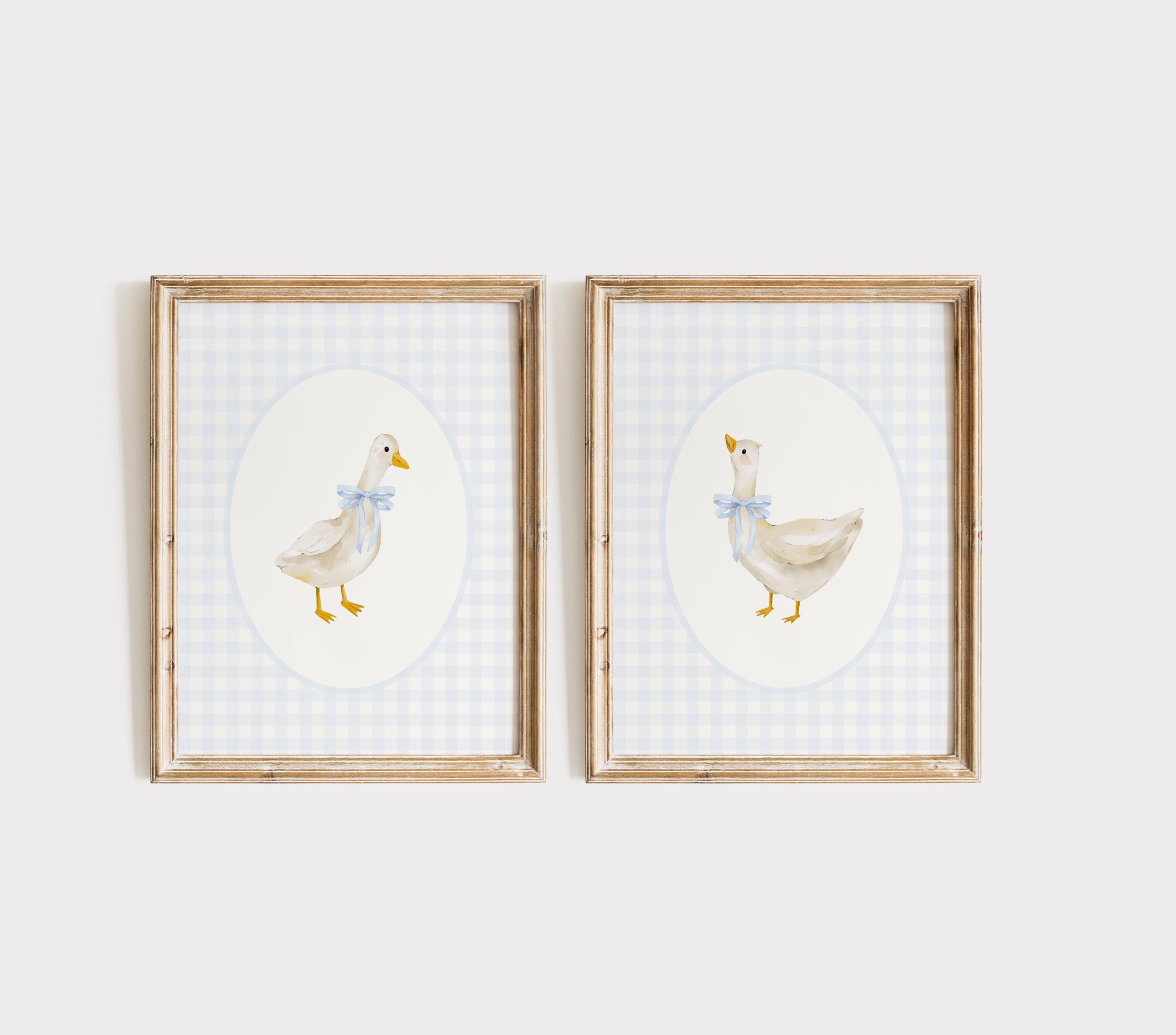 Goose Nursery Print Set, Vintage Goose Nursery Art, Baby Boy Nursery, Duck Gingham Nursery Decor Neutral, Coquette Goose Blue Bow Wall Art