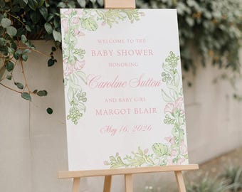 Printable Baby Shower Welcome Sign, Pink Bow Welcome Poster, Pink & Green Floral Crest Baby Shower Sign, Digital Floral Baby Sprinkle Decor