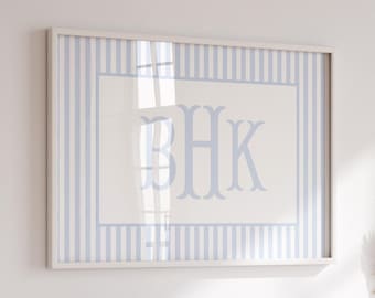 Arte de parede com monograma para quarto de bebê, decoração de parede para quarto de bebê menino, decoração para quarto de bebê com nome do bebê, pôster para quarto de bebê menina, quarto de bebê em estilo vintage, quarto de bebê listrado