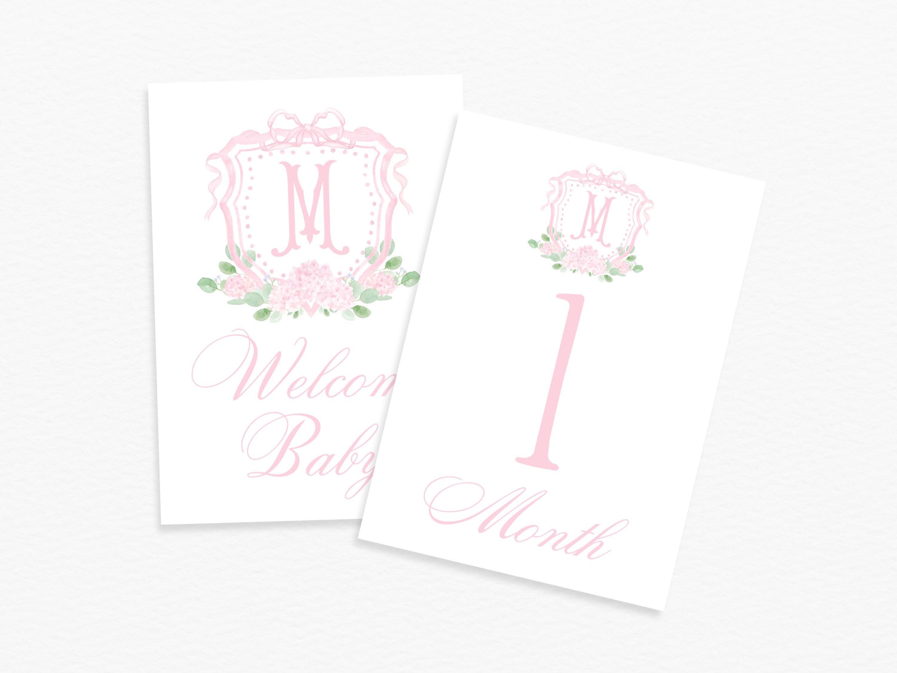 Monogram Crest Baby Milestone Cards, Pink Hydrangea Floral Crest ...