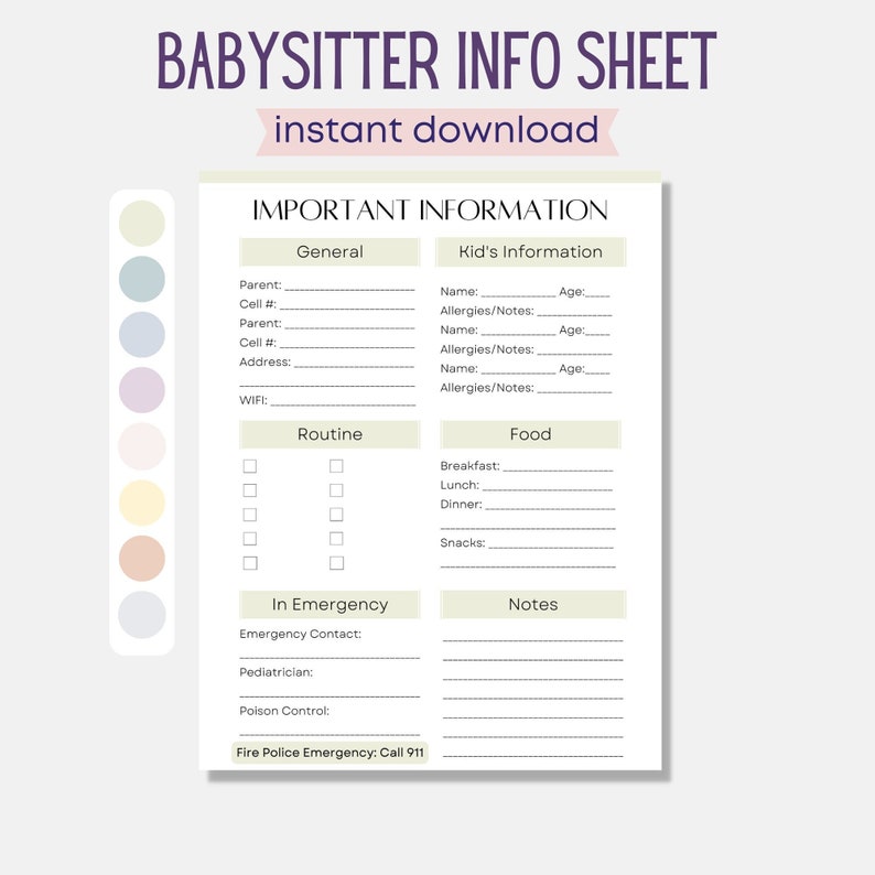 Printable Babysitter Info Sheet, Babysitter Contact Info, New