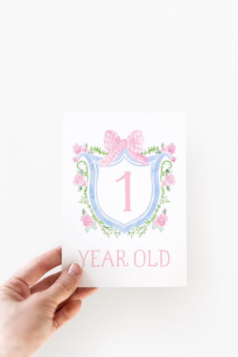 Baby Girl Milestone Cards, Watercolor Pink Floral Crest Milestone Cards ...